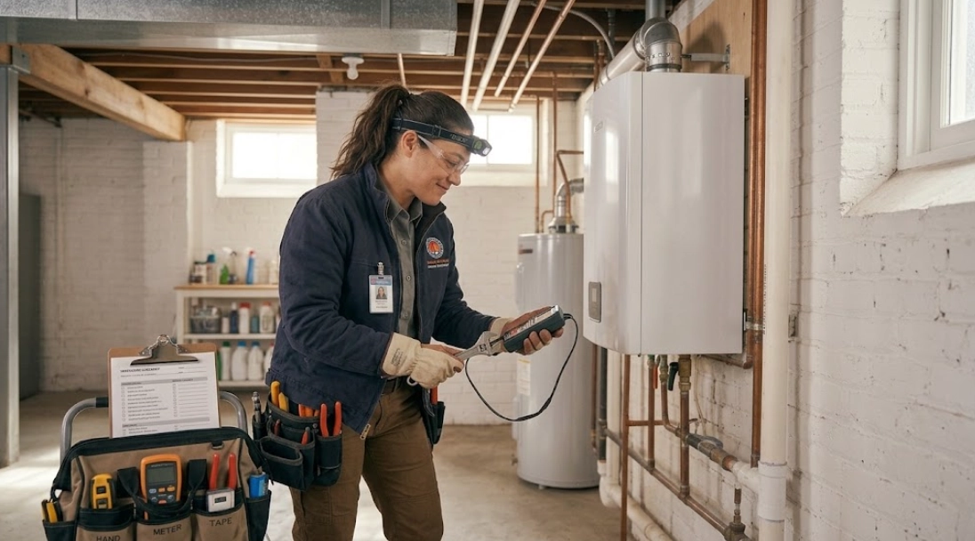 Licensed heating technician diagnosing burner controls and pressure valves on a residential cast-iron boiler