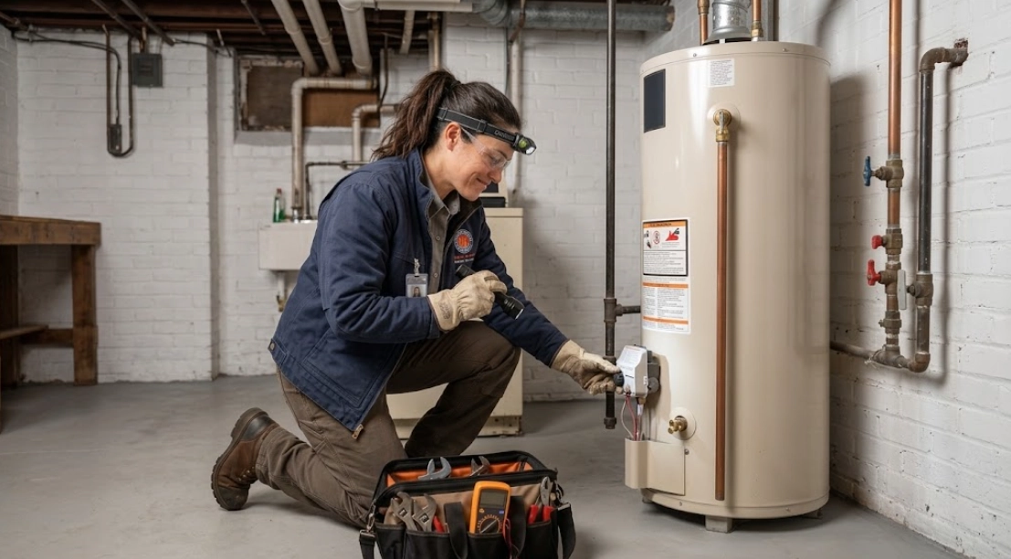Licensed plumber testing gas control valve, thermostat, and burner assembly on a residential water heater